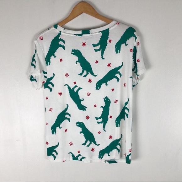 Women’s ModCloth pixel Christmas Dinosaur Print T-Shirt - White and Green small - Picture 2 of 5